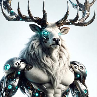The primary subject of the image is a robotic goat with a large set of antlers. The robotic goat is the main focus of the image, and it is set against a white background. The visual style of the image is digital art, as it appears to be a computer-generated or digitally manipulated image. The colors and mood of the image are predominantly white and futuristic, giving the impression of a high-tech or futuristic setting.
